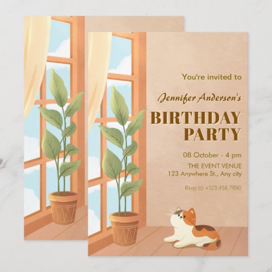 Gezellige minimalistische kat thuis verjaardag kaart (Voorkant / Achterkant)