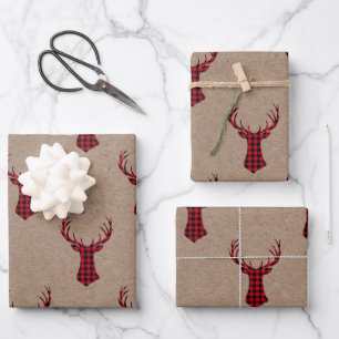 Gezellige moderne herten kraft geruite kerst inpakpapier vel