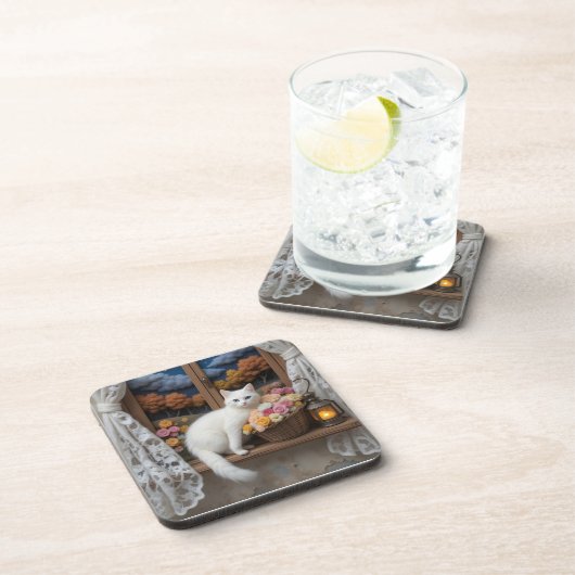 Gezellige Nighttime Window Scene Bier Onderzetter (Rechterzijde)