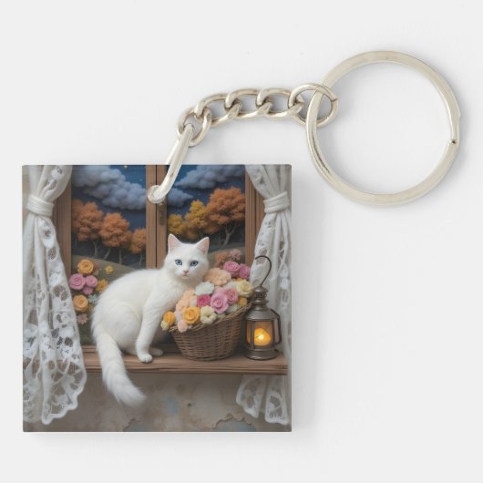 Gezellige Nighttime Window Scene Sleutelhanger (Achterkant)