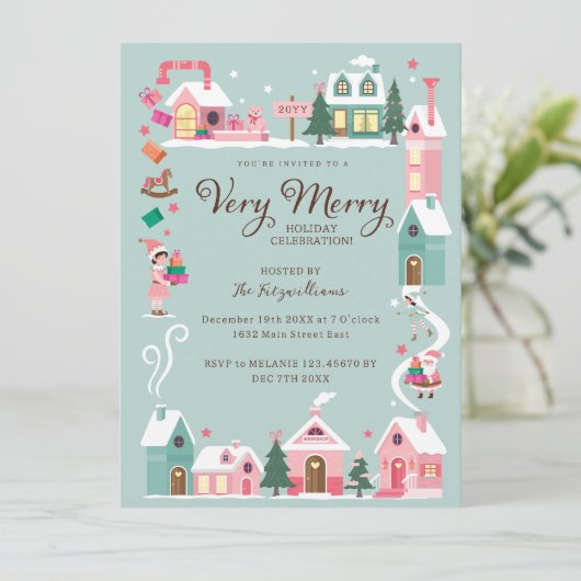 Gezellige Noordpool Roze Elf Workshop Kerstfeest Kaart (Staand voorkant)