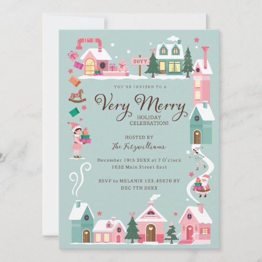 Gezellige Noordpool Roze Elf Workshop Kerstfeest Kaart (Voorkant)