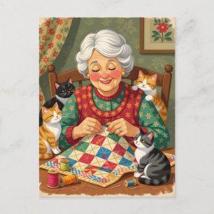 Gezellige oma-quilter met katten briefkaart
