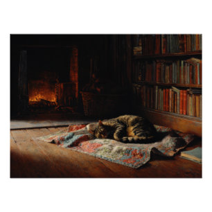 Gezellige open haard kat bibliotheek scène perfect poster