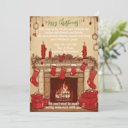 Gezellige open haard kerst uitnodiging (Staand voorkant)