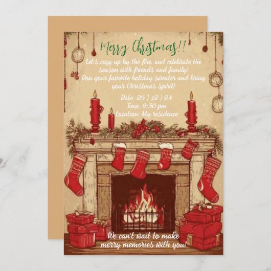 Gezellige open haard kerst uitnodiging (Voorkant / Achterkant)