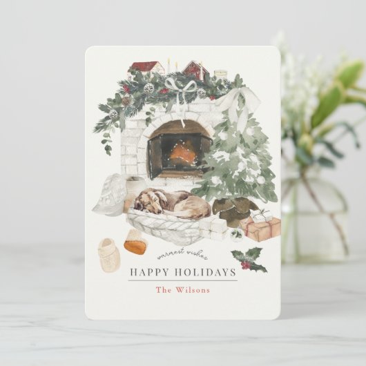 Gezellige open haard kerstboom hond Waterverf Feestdagenkaart (Staand voorkant)
