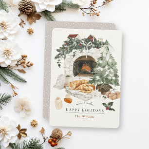 Gezellige open haard kerstboom kat Waterverf Feestdagenkaart