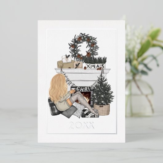 Gezellige open haard Kerstmis Fotocollage Folie Feestdagenkaart (Staand Voorkant)