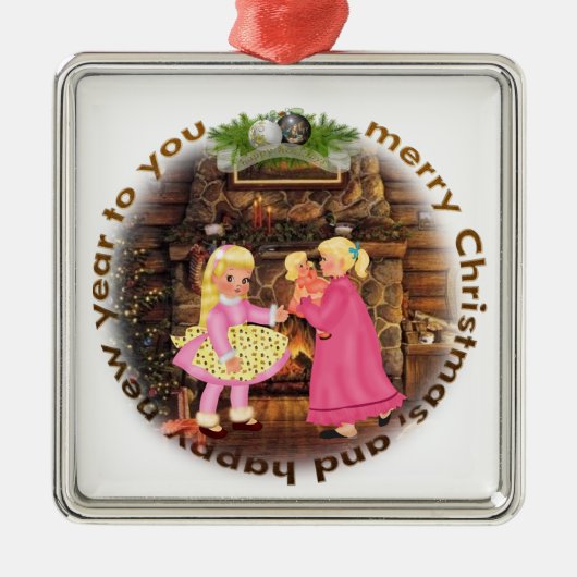  Gezellige Open Haard Meisjes Roze Kerstscène Metalen Ornament (Voorkant)