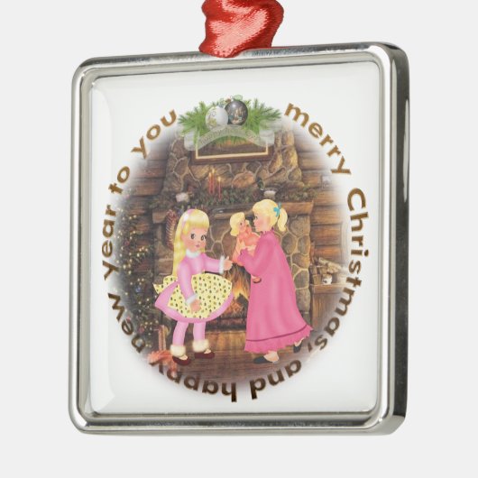  Gezellige Open Haard Meisjes Roze Kerstscène Metalen Ornament (Links)