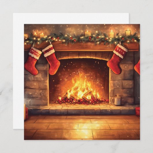Gezellige open haard met hangende kousen feestdagenkaart (Voorkant / Achterkant)