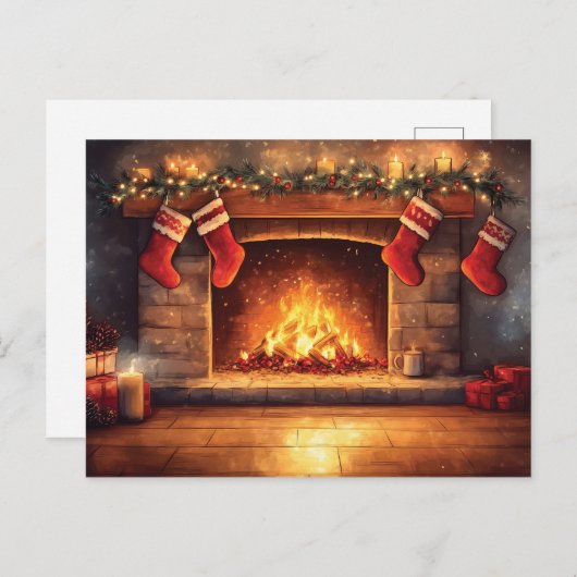 Gezellige open haard met hangende kousen feestdagenkaart (Voorkant / Achterkant)