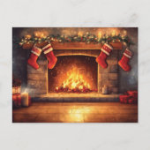 Gezellige open haard met hangende kousen feestdagenkaart (Voorkant)