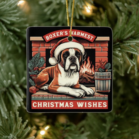 Gezellige open haard Scene  Boxer Dog Christmas Keramisch Ornament (Boom)