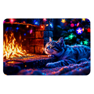 Gezellige open haard schattige kat Vrolijk kerstfe Magneet