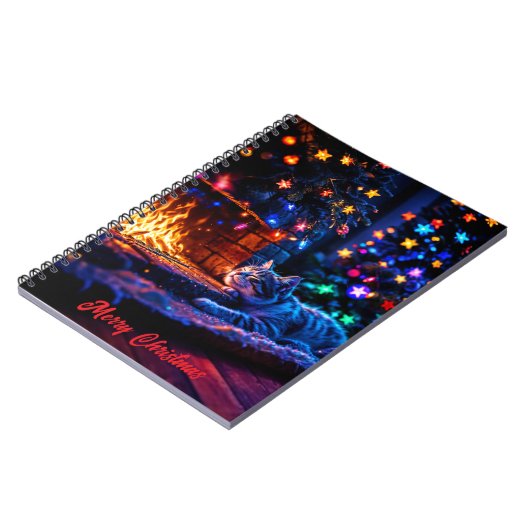 Gezellige open haard schattige kat Vrolijk kerstfe Notitieboek (Linkerzijde)