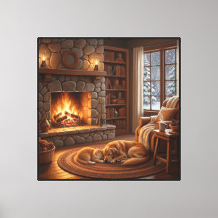 Gezellige open haard - Slaande hond en kat Canvas Afdruk