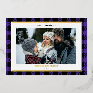 Gezellige Paarse Black Plaid Border 3 Foto's Kerst Folie Feestdagenkaart