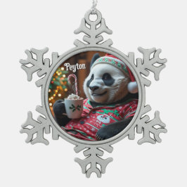 Gezellige Panda in Kerst Pyjama Sipping Hot Cocoa Tin Sneeuwvlok Ornament