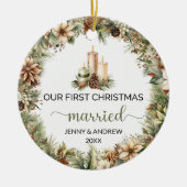 Gezellige pastelgroene en beige kerstkaarsen keramisch ornament (Voorkant)