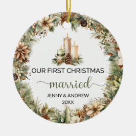 Gezellige pastelgroene en beige kerstkaarsen keramisch ornament