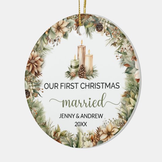 Gezellige pastelgroene en beige kerstkaarsen keramisch ornament (Links)