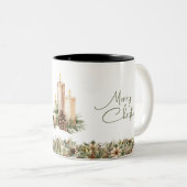 Gezellige pastelgroene en ivoren kerstkaarsen tweekleurige koffiemok (Voorkant rechts)