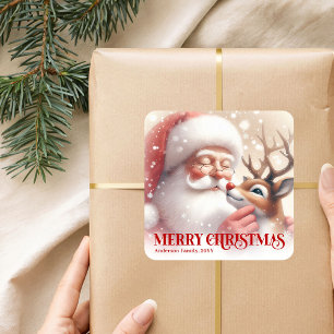 Gezellige Persoonlijke Kerstman en Rudolph Kerstca Vierkante Sticker