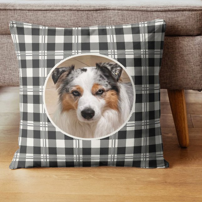 Gezellige Pet Foto Donkergrijs Buffalo Plakken Des Kussen (Buffalo Plaid Dark Gray and Buttercream Photo Throw Pillow)