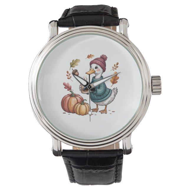 Gezellige Pompoen Koffie Goose Herfst Art Horloge (Voorkant)