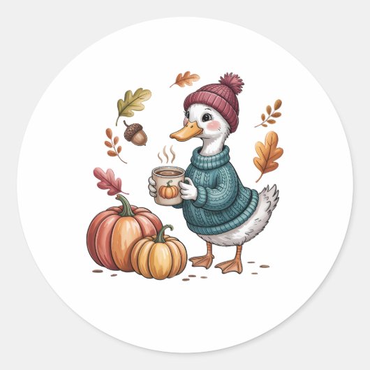 Gezellige Pompoen Koffie Goose Herfst Art Ronde Sticker (Voorkant)