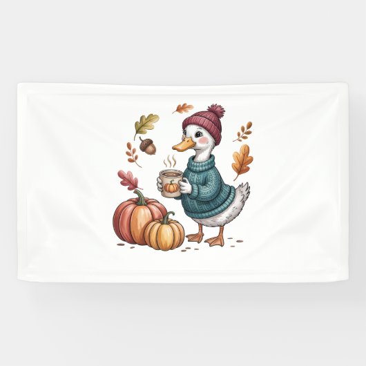 Gezellige Pompoen Koffie Goose Herfst Art Spandoek (Horizontaal)