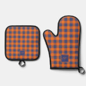 Gezellige Pompoen Sinaasappel Blauwe Tartan Plaid  Ovenwant & Pannenlap Set (Voorkant)
