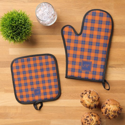 Gezellige Pompoen Sinaasappel Blauwe Tartan Plaid  Ovenwant & Pannenlap Set (Top down)