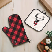 Gezellige Red & Black Buffalo Plaid Herten Monogra Ovenwant & Pannenlap Set