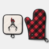 Gezellige Red & Black Buffalo Plaid Herten Monogra Ovenwant & Pannenlap Set (Voorkant)