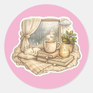 Gezellige regenachtige dag kat koffie esthetiek ronde sticker