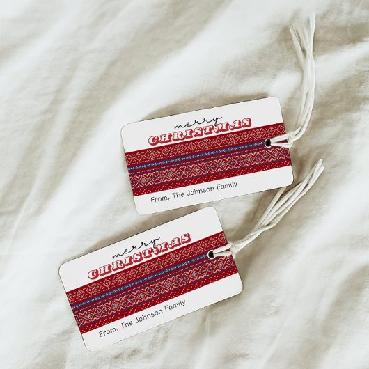 Gezellige rode & blauwe trui Vrolijk kerstfeest Cadeaulabel