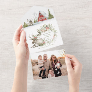 Gezellige rode blokhut in het bos Foto kerstkaar All In One Uitnodiging