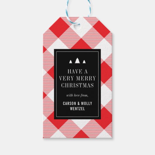 Gezellige rode en witte Buffalo Plaid Kerstmis Cadeaulabel (Voorkant)