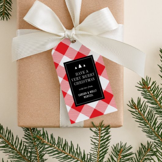 Gezellige rode en witte Buffalo Plaid Kerstmis Cadeaulabel