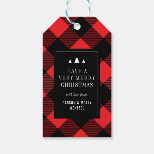 Gezellige rode en zwarte buffel speelde Kerstmis Cadeaulabel (Voorkant)