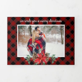 Gezellige rode plaid multi foto kerst drieluik wenskaart