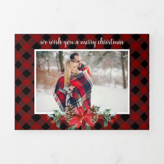 Gezellige rode plaid multi foto kerst drieluik wenskaart (Cover)