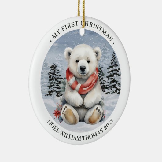 Gezellige rode sjaal Polar Beer Baby's eerste kers Keramisch Ornament (Rechts)