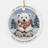 Gezellige rode sjaal Polar Beer Baby's eerste kers Keramisch Ornament (Voorkant)