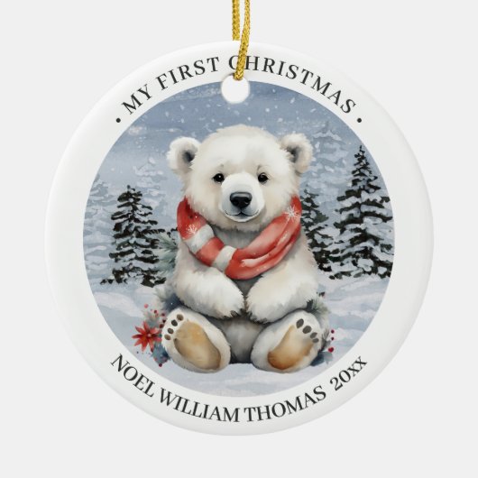 Gezellige rode sjaal Polar Beer Baby's eerste kers Keramisch Ornament (Voorkant)