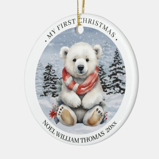 Gezellige rode sjaal Polar Beer Baby's eerste kers Keramisch Ornament (Links)
