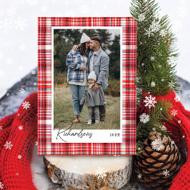 Gezellige Rood en Wit Plaid Flanel Familie Foto Feestdagenkaart